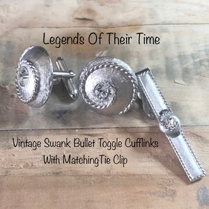 Vintage  1950s Swank Cufflinks With Matching Tie Bar, Round Spiral Shape With Rhinestone, Stamped SWANK, Bullet Toggle Closure,  Set Signed