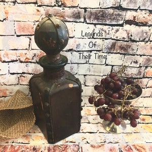 Vintage 1940s Leather Wrapped Green Glass Decanter with Metal Studs