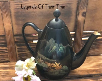 Vintage Chinese Hand Painted Black & Gold Lacquer Mid Century Teapot