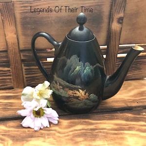 Vintage Chinese Hand Painted Black & Gold Lacquer Mid Century Teapot