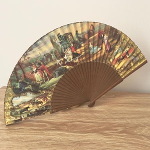 Casa de Diego, Madrid Folding Paper and Wood Fan, Stamped Casa De Diego, 1960&#39;s