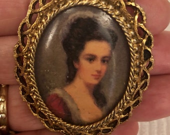 Broche Florenza vintage, épingle ou pendentif peinte à la main portrait de femme, estampée Florenza