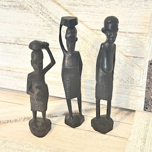 Vintage Ebony Wood Maasai Figures: Hand Carved Kenya Tribal Art