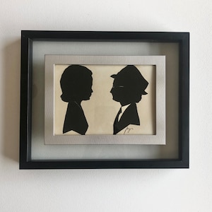 Vintage Hand Cut Silhouette Signed, Woman and Man Face to Face, Framed Hand Cut