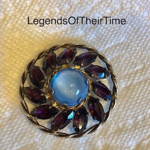 Vintage Brooch, Art Deco Gold over Silver Brooch with Blue Moonstone Glass and Amethyst - Vintage Moonstone and Amethyst Brooch