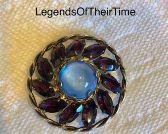 Art Deco Brosche aus Sterlingsilber: Blaues Mondsteinglas & Amethyst, 1940er Jahre