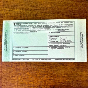 1988 USPS Vintage Official Business Receipt Registered Mail, formularz PS 3811, w stanie idealnym, nigdy niepodwieszany/MNH