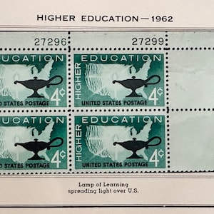 1962 Higher Education Stamps, US Stamps for Education, Plate Block of 4 Lamp of Learning Spreading Light over US Stamps