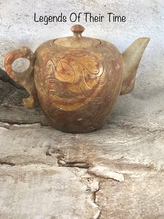 ヴィンテージ天然寿山石中国手彫りティーポット、古代明朝印章彫刻 