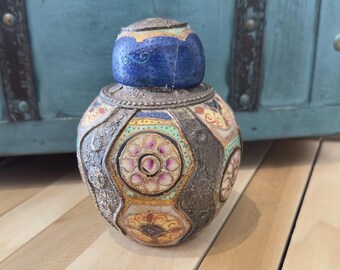 Vintage Marokkanische Keramik Filigrane Metall Inlay Dose