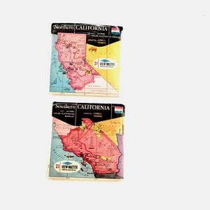May include: Two vintage View-Master packets featuring Northern California and Southern California. Each square packet displays a colorful map of the region, the text 21 View-Master stereo pictures, and 16 page color illustrated booklet.