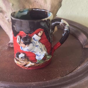 Antique Sumida Gawa Pottery Mug: 19th Century Japanese Raku Ware
