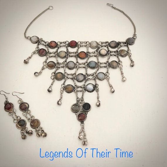 Vintage Afghan Agate Necklace & Earrings: Turkmen Tribal Choker