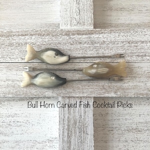 Vintage Bull Horn Carved Fish Cocktail Sticks, Vintage Rare Appetizer Sticks, Set of Three