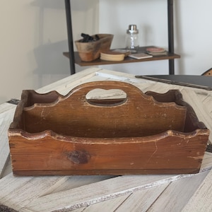 Antique Douglas Fir, Oak, Pine or Mahogany Cutlery Caddy Tray Hand Carved Scalloped Design Around the top and Shaped Handle to Fit Fingers