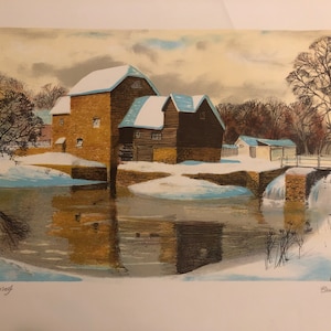 Vintage Lithograph  Bruce Barnden - Artist Proof Lithograph of Waterwheel In Winter, 1950&#39;s