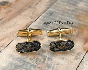 DAMASCENE Vintage Cufflinks, Vintage Toledo Spain Cufflinks - 18 KTS and 24 KTS, Toledo Spain Mens Jewelry, Gold Plated, Moorish Art