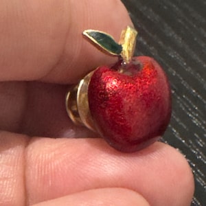 Vintage Joseph Mazer Jomaz Red and Green Enamel Apple Brooch Pin, Signed JOMAZ