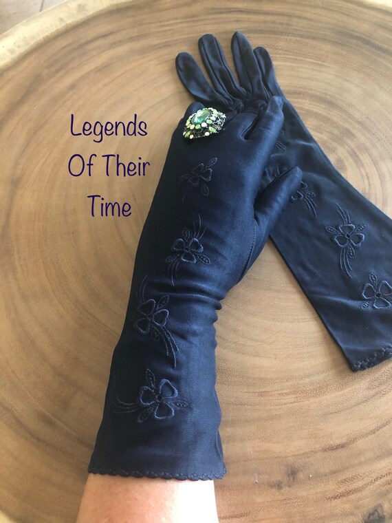 Vintage Dark Blue Long Stretch Opera Gloves - 1950
