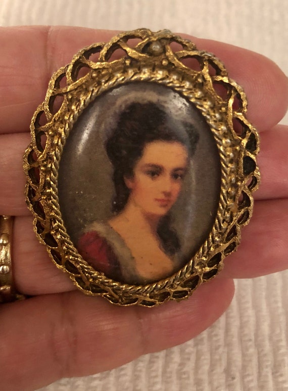 Vintage Florenza Brooch, Female Portrait Hand Pai… - image 1