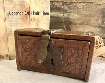1800s Hand Carved Wood Portable Strong Box, Jewelry Box: Rare Baroque Travel Antiquity