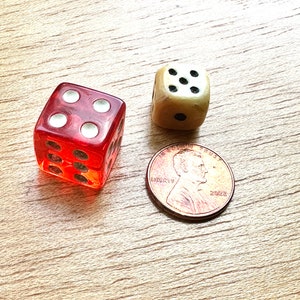 Vintage Bakelite Dice, Red Translucent Bakelite  1.5 cm and Butterscotch Bakelite Rounded Corners 1 cm