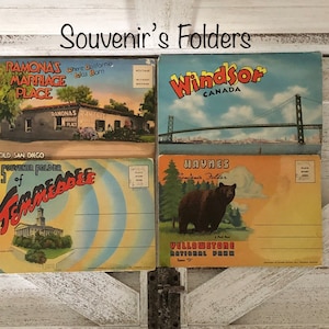 Vintage Souvenir's Postkarten Ordner, Yellowstone, Tennessee, Ramona's Marriage Place Old Sand Diego California und Windsor Canada