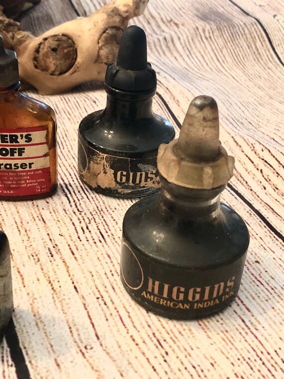 美品1950年代米国製◆HIGGINS（ヒギンズ）ラベル・コルクふた付きインク瓶 ヴィンテージインクボトルコレクション：サンフォード、ヒギンズ