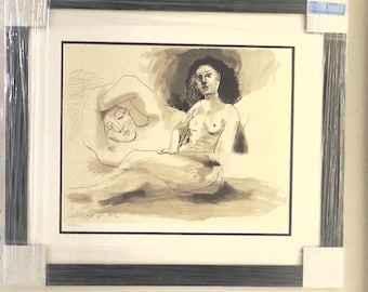 May include: A black and white drawing of two nude figures. The figure on the left is lying down with their head resting on their arm. The figure on the right is sitting up with their legs crossed. The drawing is done in a loose, gestural style.