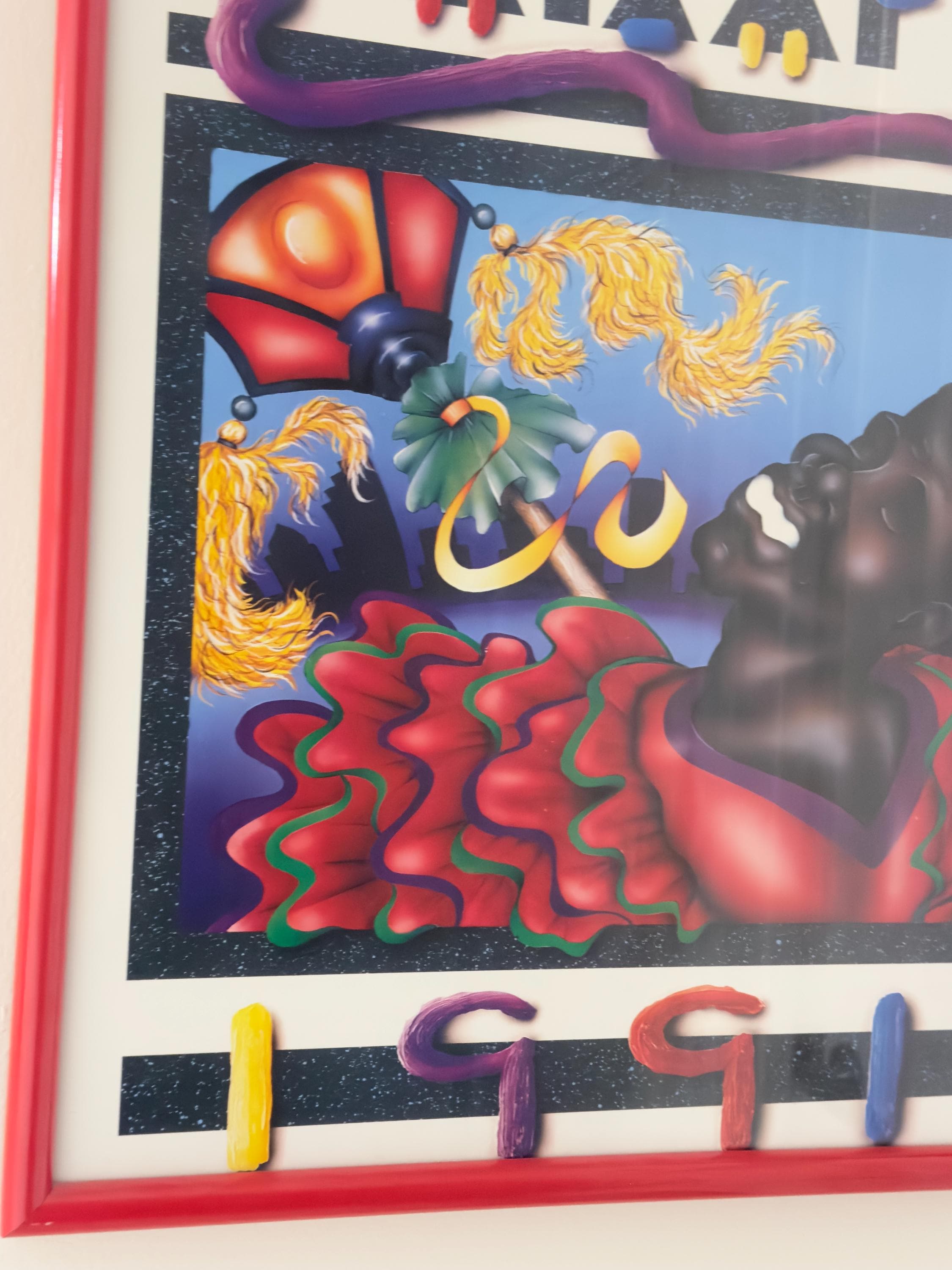 Vintage Calle 8 Carnival Miami 1991 Poster, Framed in Red Acrylic