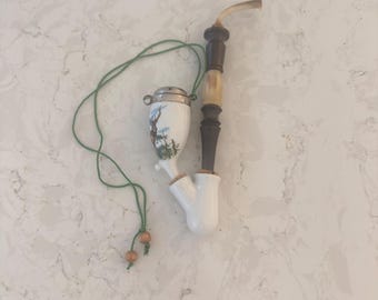 1960's Deutsche Porzellan und Horn Pfeife, Jäger Pfeife, Pipa Tirolesa, Keramik Pfeife, Bayerische Pfeife, Unrauchbar, Tiroler Pfeife