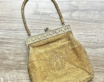 Vintage 1940's Gold Beaded Bag With Gold Clasp, Filigree Top Frame with Satin Lining