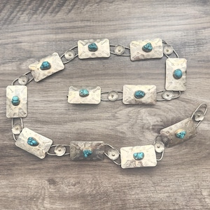 Vintage Mexican Silver Repousse Concho Belt with Turquoises, Stamped Mexico, 1960s, 226 grams, Handmade