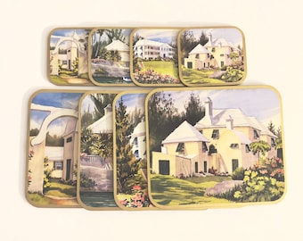 Tovagliette e sottobicchieri vintage Mary Powell Bermuda's Landmarks, anni '80. Sottobicchieri e piccoli porta tovagliette Mary Powell Designs.