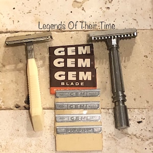 ヴィンテージ GEM カミソリ – 2 個セット、マイクロマティック 1 個とフリップトップ 1 個、3 枚刃（ラップ付き）、4 枚刃（ラップなし）、片刃カミソリ