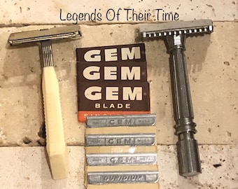 Vintage GEM Razors – Set of 2, One Micromatic and One Flip Top Razor with 3 Wrapped and 4 Unwrapped Blades, Single Edge Razors