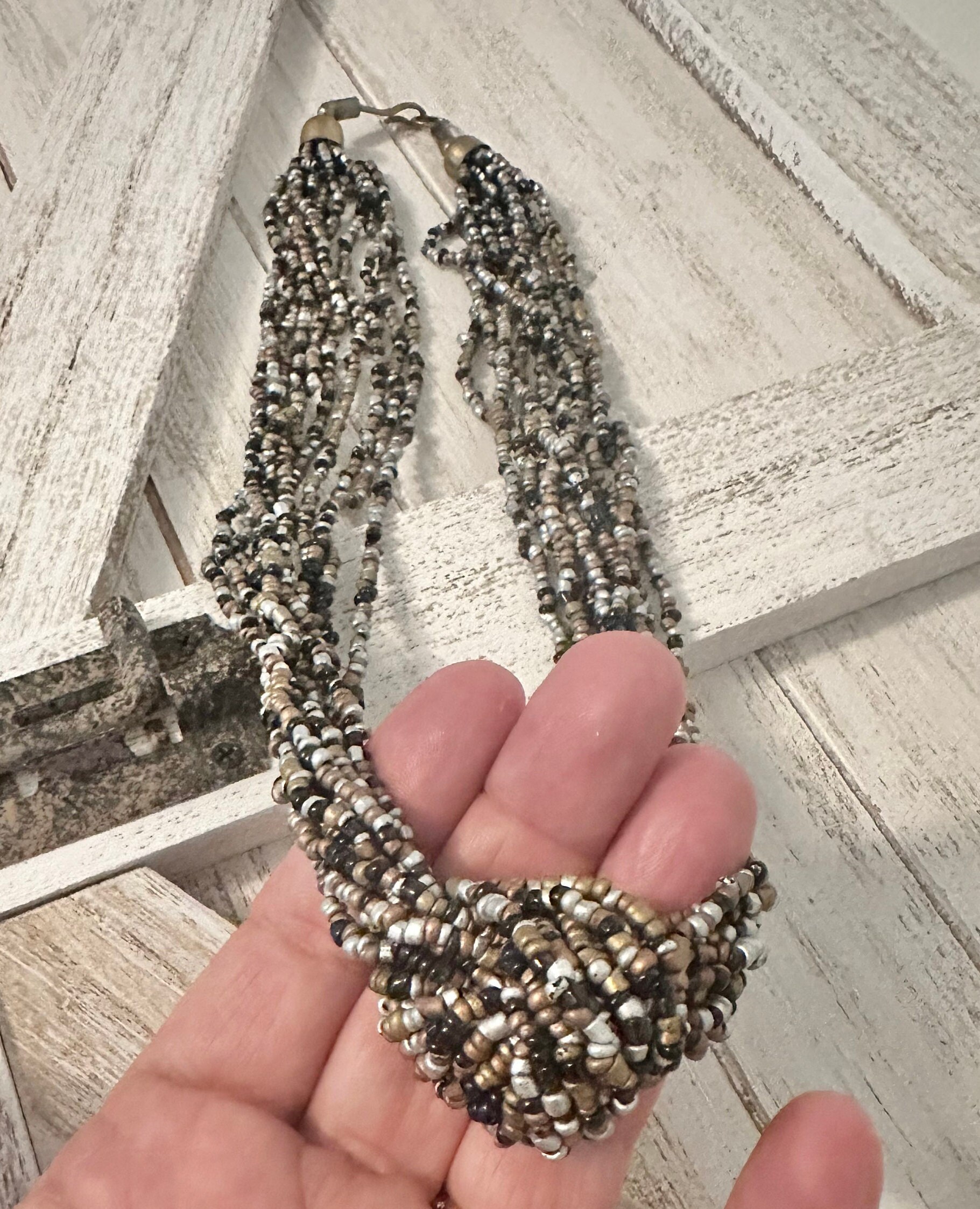 Collier Vintage Double Rangs Années 80 – Perles Micro, Plaques Nacrées Et Galets Brillants