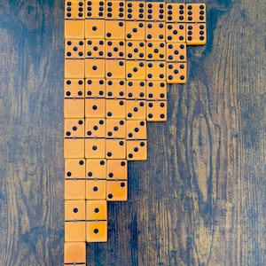Antique Orange Bakelite Butterscotch Spinner Center Double 6 Dominoes  1930s - Complete Set -  No Box