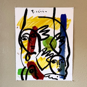 Pintura a óleo original assinada sem título de Peter Keil Art Vintage, inspirada em Joan Miró, Pablo Picasso e Salvador Dalí, início do século XXI