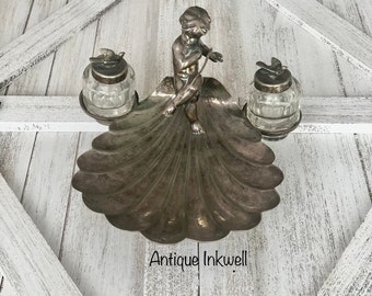 Antique Art Nouveau Silver Plate Double Inkwell: Meneses Orfebres Spanish Silversmith