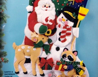 Repackaged Jumbo 28" "Santa and Snowman" Deer Raccoon Felt Stocking Kit Bucilla 83119 R