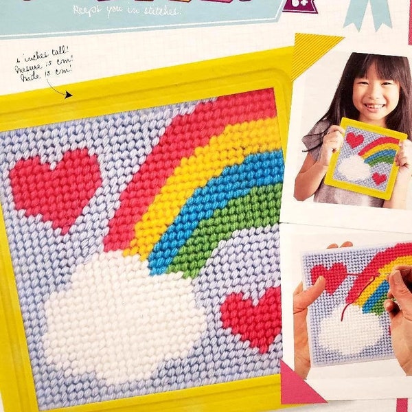 DIY Sew Cute Rainbow Hearts Kids Beginner Starter Needlepoint Kit w Frame 6"x6"