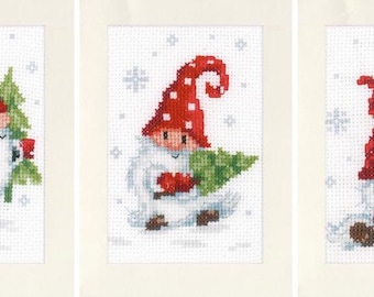 DIY Vervaco Christmas Cards Craft Gnomes in the Snow Counted Cross Stitch Kit