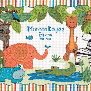 DIY Dimensions Mod Zoo Birth Record Baby Jungle Counted Cross Stitch Kit 12x9