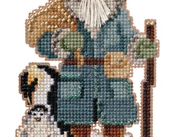 Kit de broderie au point de croix à faire soi-même Mill Hill Penguin Santa Antarctique avec perles