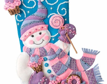 DIY Bucilla Sweet Treats Candy Snowman Pink Purple Felt Stocking Kit 89239E