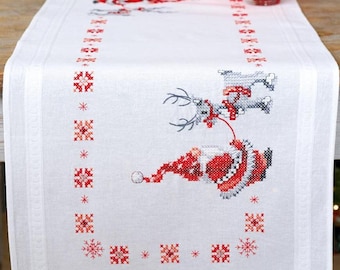 DIY Vervaco Christmas Elves Santa Gnome Stamped Cross Stitch Table Runner Kit