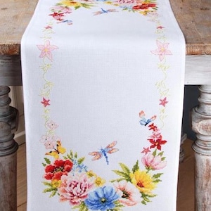 DIY Vervaco Colorful Flowers Spring Counted Cross Stitch Table Runner Scarf Kit