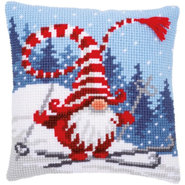 DIY Vervaco Christmas Gnome Skiing Chunky Needlepoint Cushion Pillow Top Kit 16”