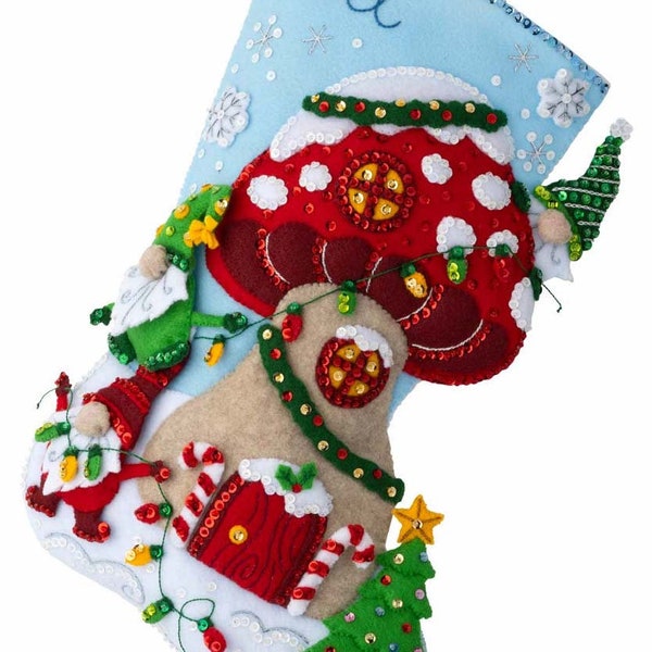 DIY Bucilla Gnome for Christmas Winter Mushroom House Felt Stocking Kit 89473E